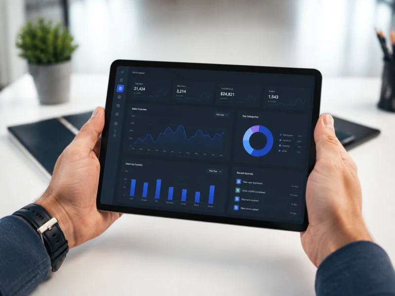 Imagem de uma pessoa segurando um tablet acompanhando o BI da Empresa na tela